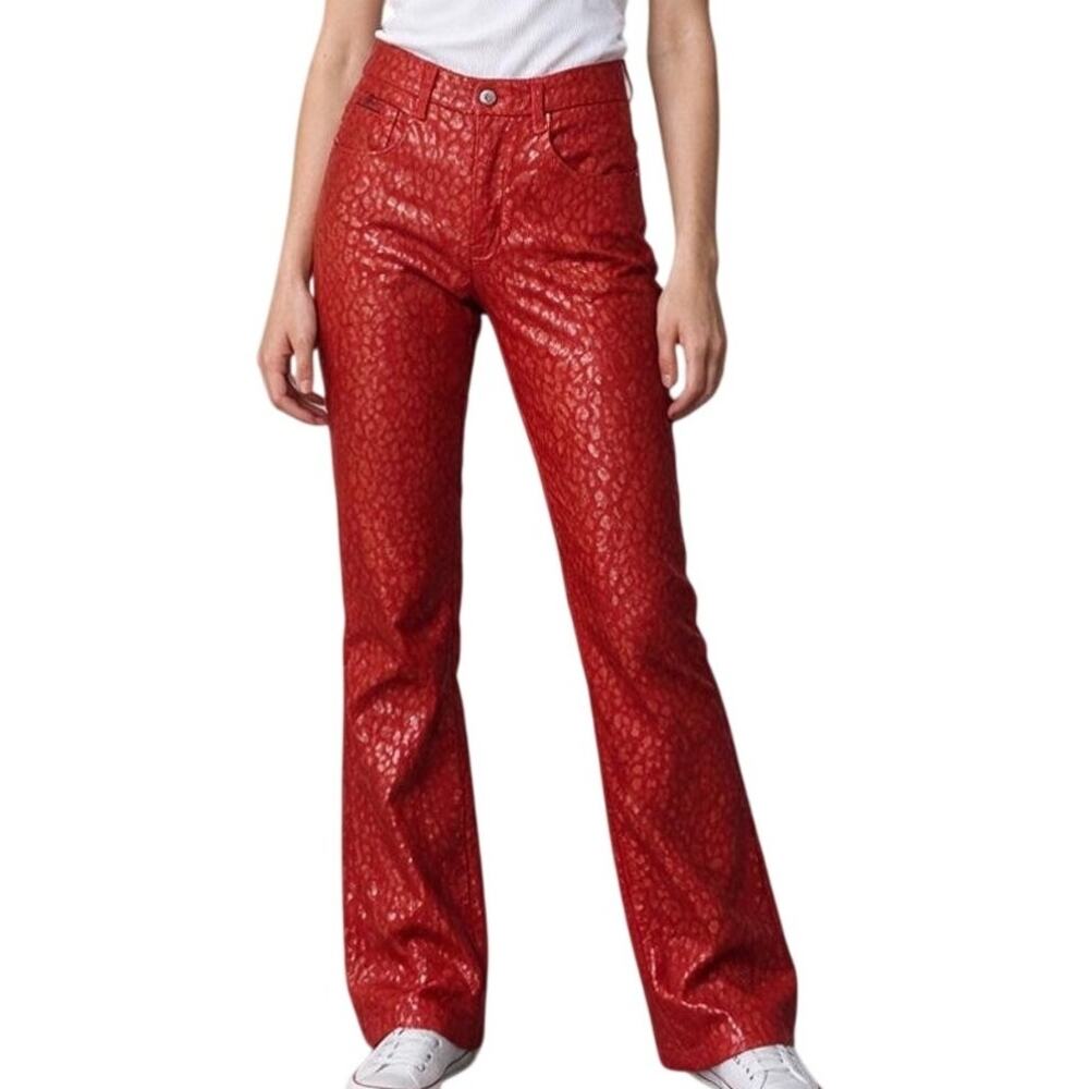 Vintage 90s R.V.T. Red Leopard Shiny Printed Mid Rise Bootcut Flare Jeans